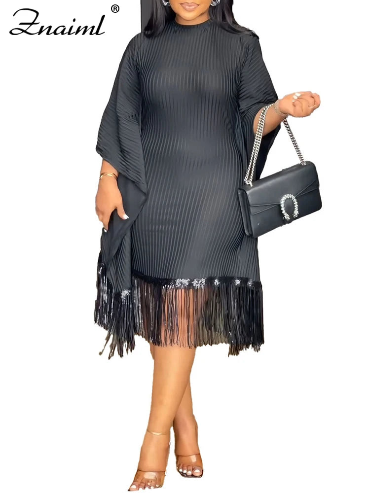 FZ Women's Batwing Sleeve Tassel Slim Midi Evening Dress