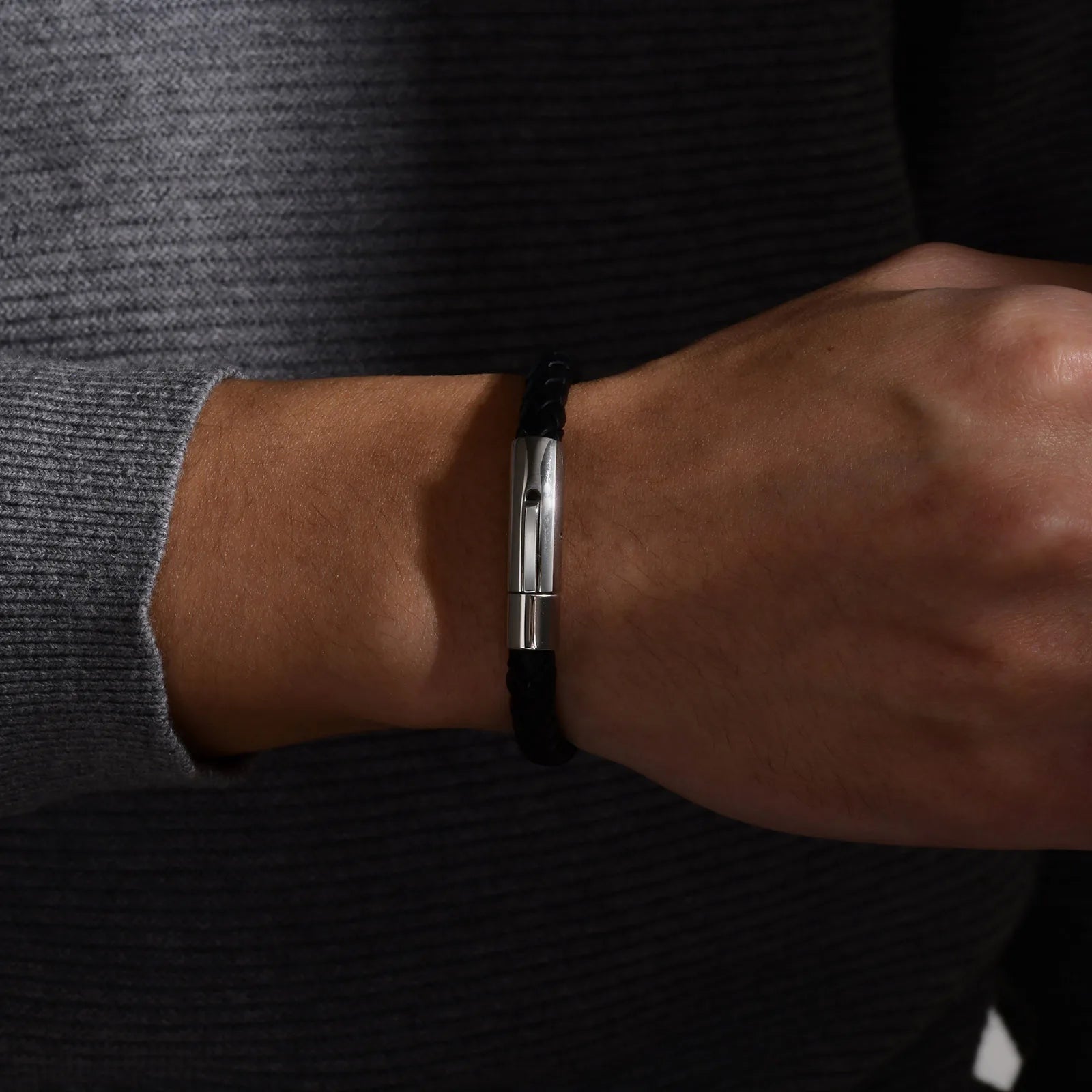 FZ Black Braided Leather Stainless Steel Metal Clasp Bracelet - FZwear