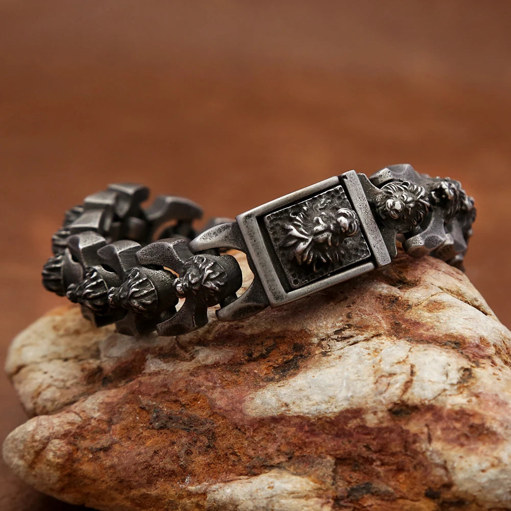 FZ Vintage Stainless Steel Black Punk Hip Hop Lion Head Bracelet