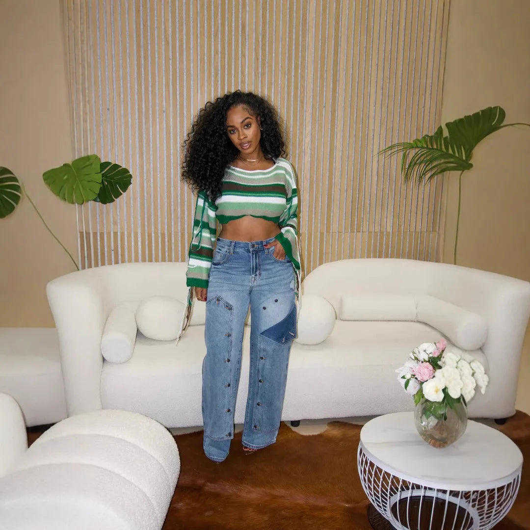 FZ Women's Splice High Waist Streetwear Loose Denim Pants