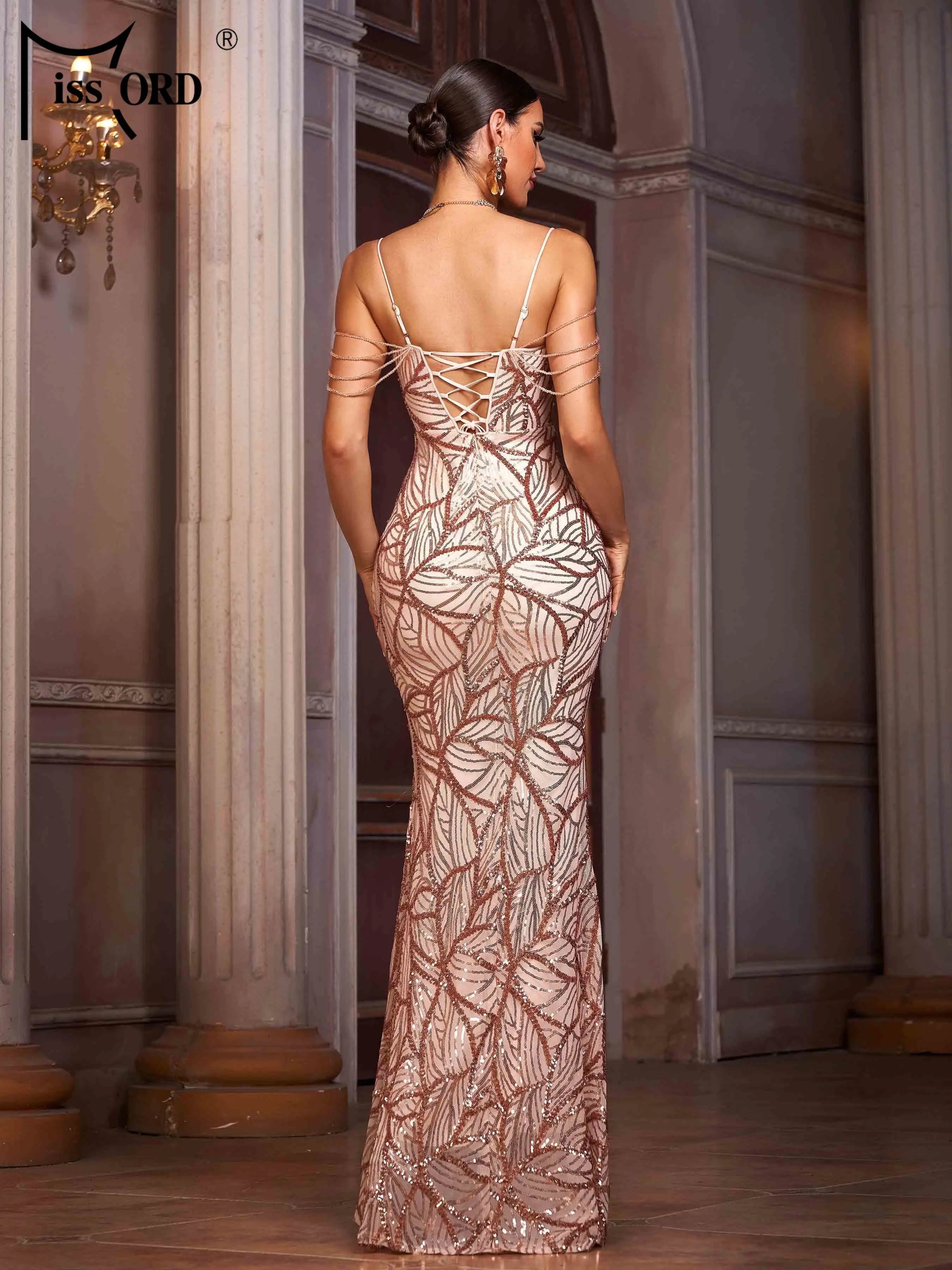 FZ Women's Spaghetti Sequin Mermaid Maxi Evening Dress