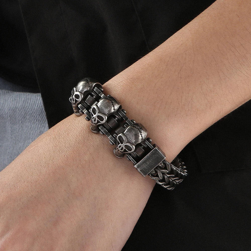 FZ Men's Vintage Black Stainless Steel Steampunk Skull Head Bracelet