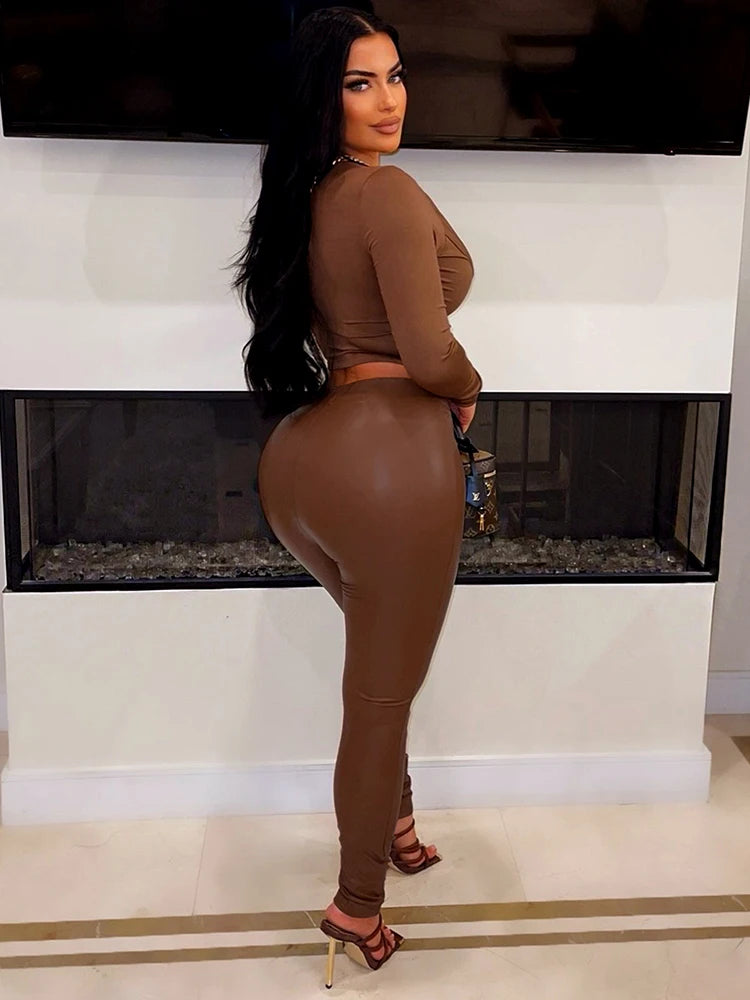 FZ Women's Cross Ruched Faux Leather Stretch Leggings 2 Piece Pants Suit