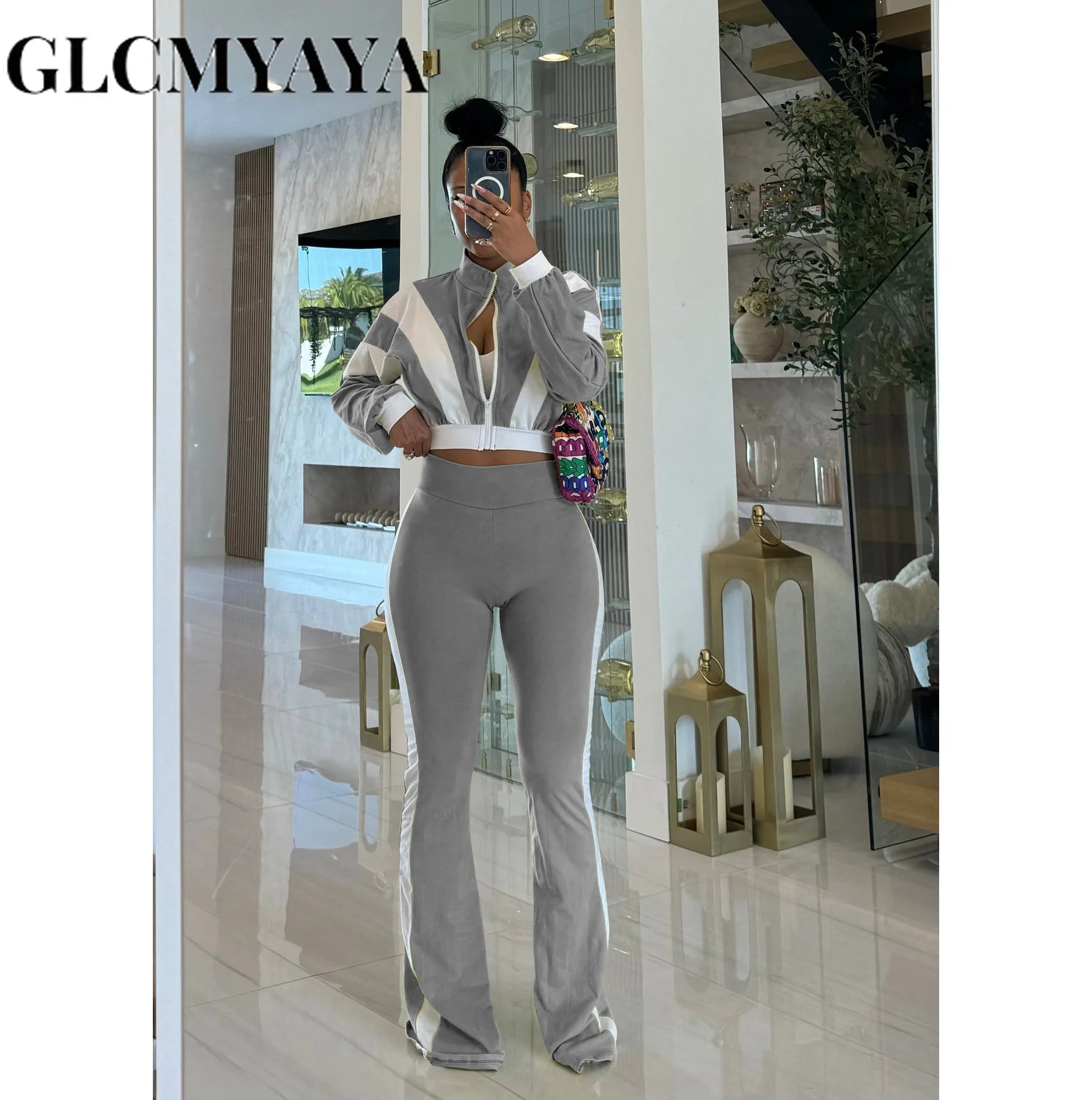 FZ Women's Patchwork Sporty Long Sleeve Wide Leg Pants Suit