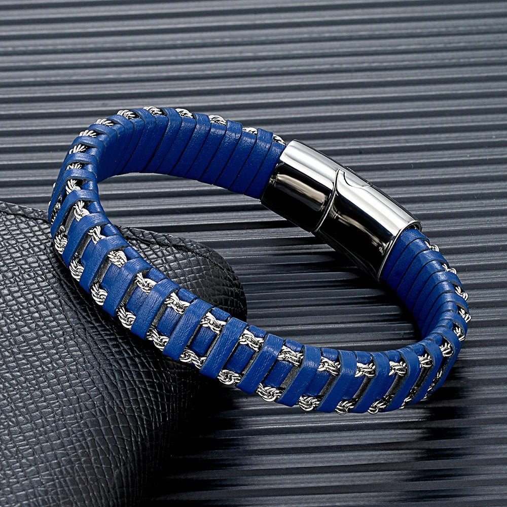 FZ Stainless Steel Link Chain Combination Blue Leather Bracelet - FZwear