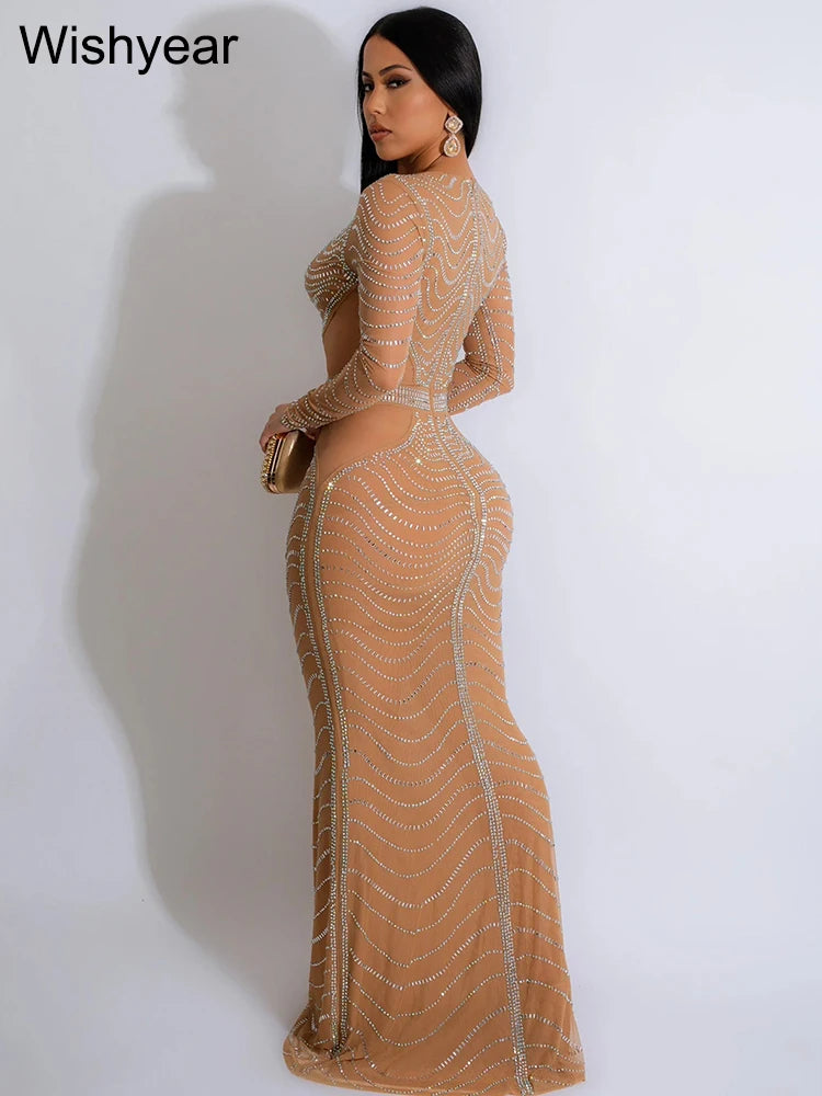 FZ Women's Luxury Diamonds Rhinestones Deep V-neck Evening Maxi Dress - FZwear