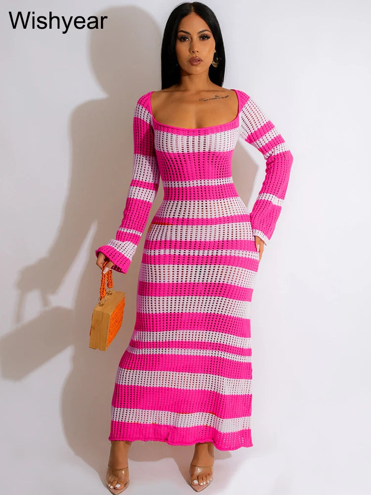 FZ Women's Sexy Elegant Striped Knitted Maxi Sun Dress - FZwear
