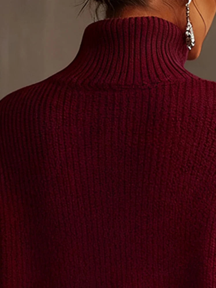 FZ Women's Knitted Lace Ruffle Trim Loose Vintage Turtleneck Mini Sweater Dress