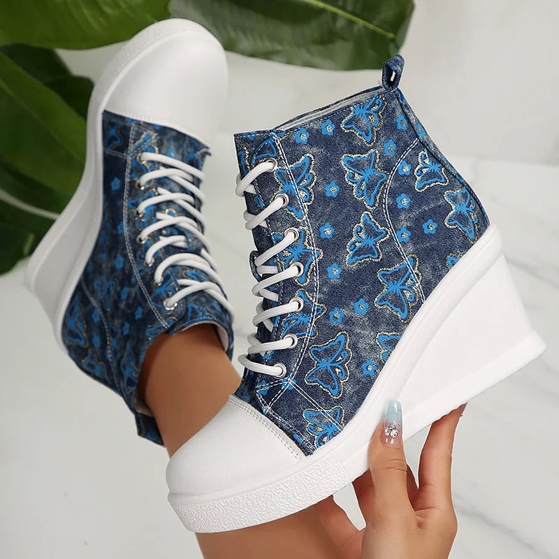 FZ Women's High Top Platform Lightweight Non Slip Lace Up Print Wedge Sneakers