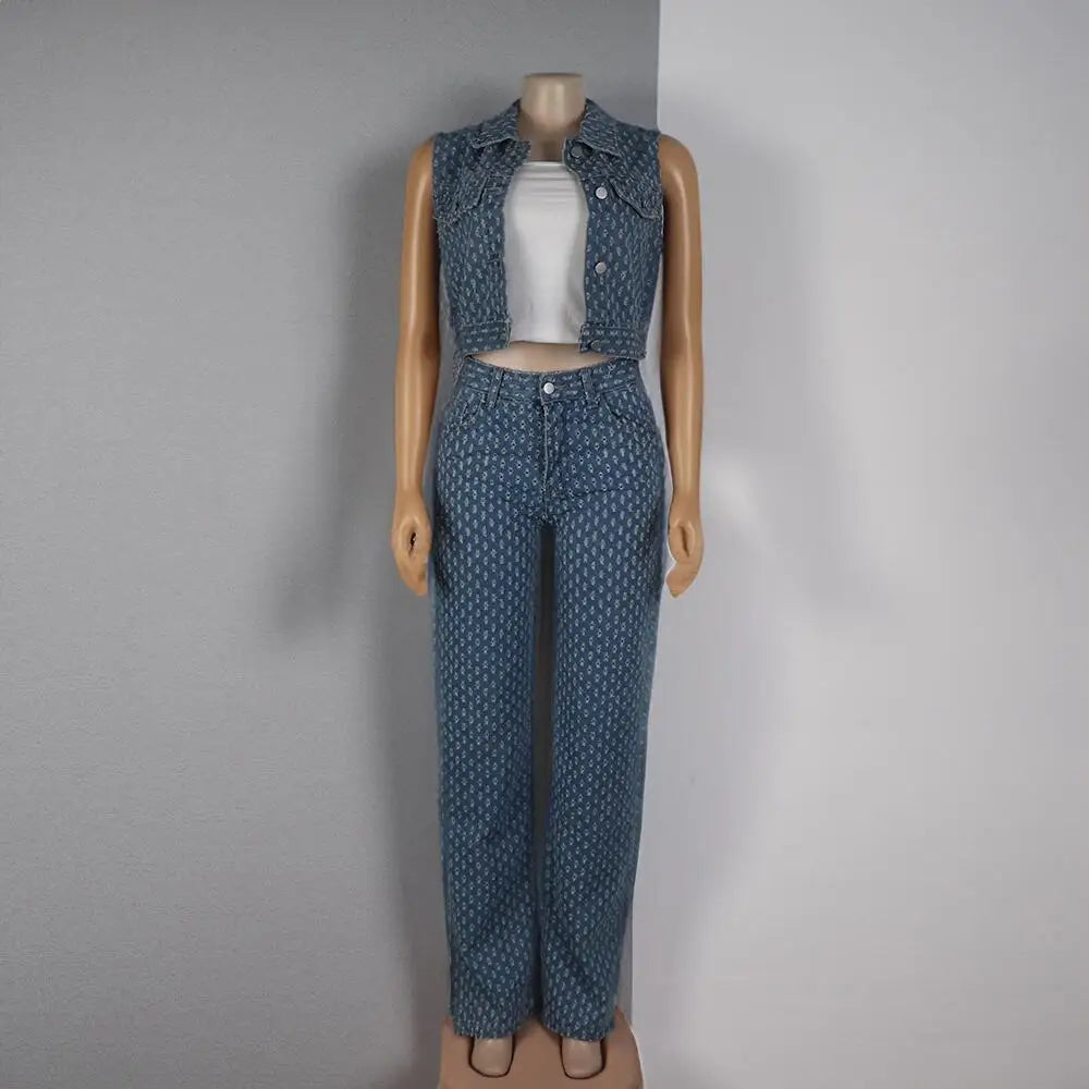 FZ Women's African Ripped Three-piece Wide Leg Slit Denim Pants Suit