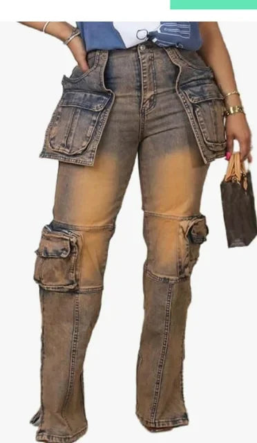 FZ Women's Vintage Washed Distressed Spliced High Waist Denim Pants