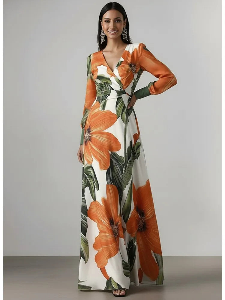 FZ Women's Tropical Floral Print V-Neck Long Sleeve Wrap Maxi Dress