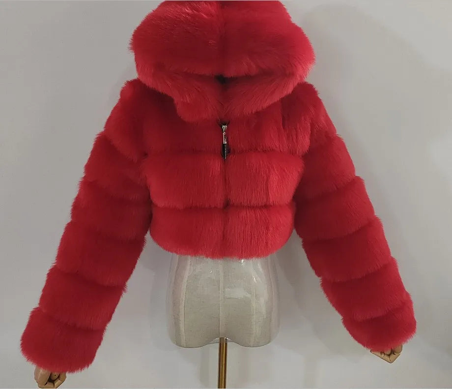 FZ Women's Faux Fur Thick Warm Hooded Open Stitch Short Coat Jacket