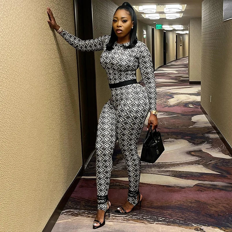 FZ Women's Digital Print Buttock Lifting Tight Long Sleeve Jumpsuit - FZwear