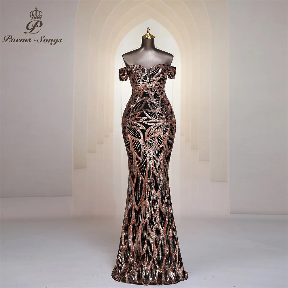 FZ Women's Sequins Off Shoulder Floor Length Mermaid Maxi Evening Dress