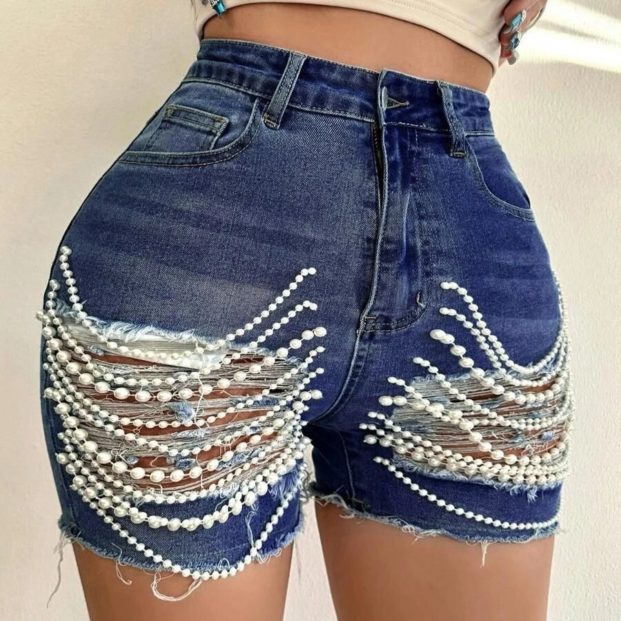 FZ Women's Ripped Pearl Chain Pockets High Waist Denim Shorts