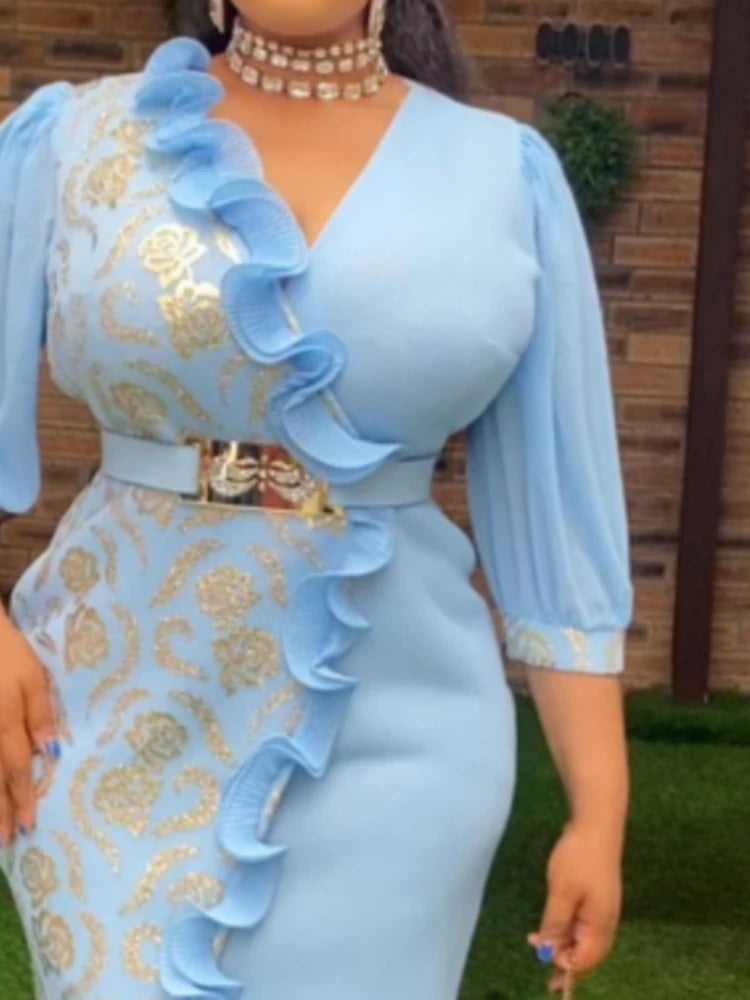 FZ Women's V Neck Ruffles 3/4 Sleeve Metallic Foil Printed Patchwork Dress