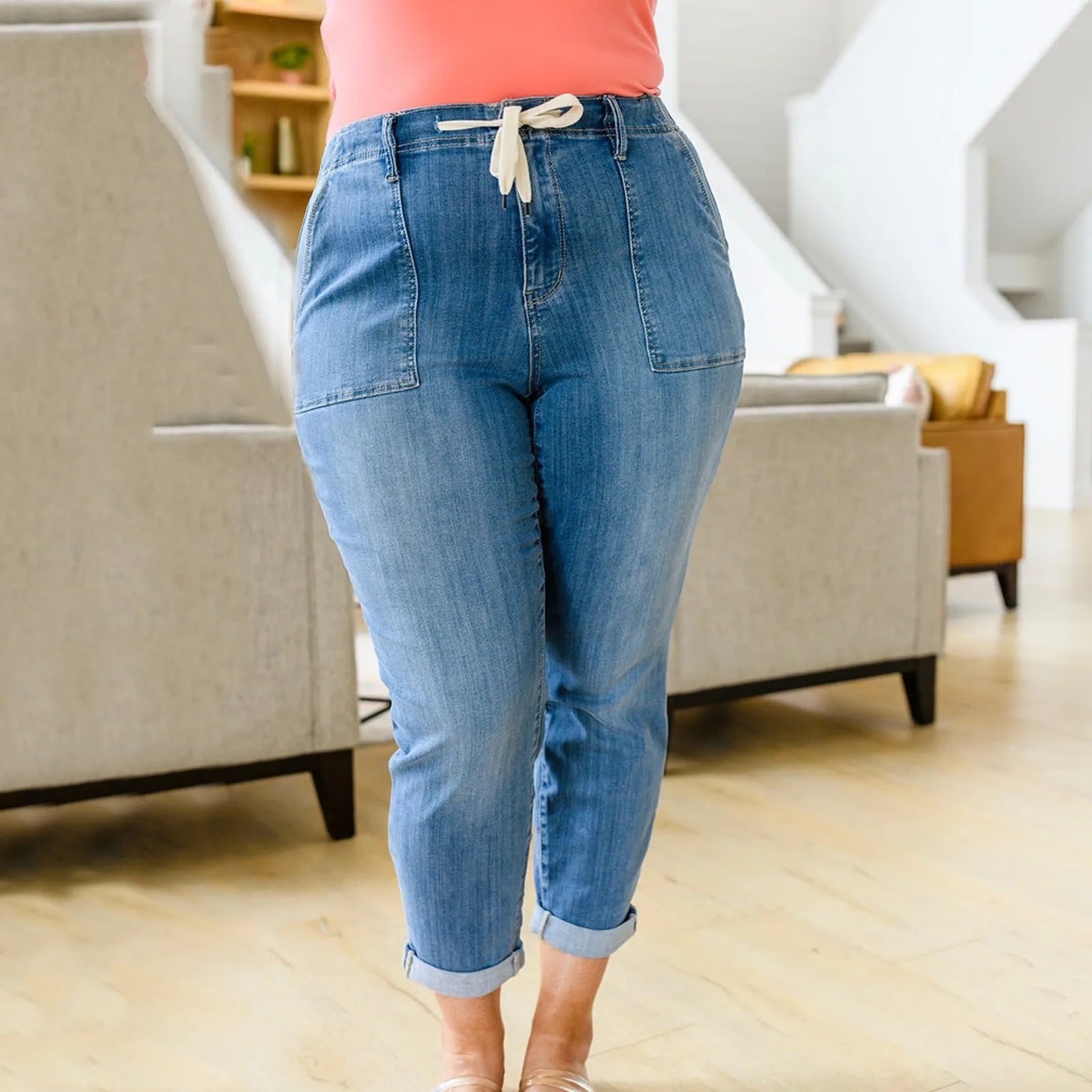 FZ Women's Casual Stretch Drawstring Elastic Waist Straight Denim Pants - FZwear