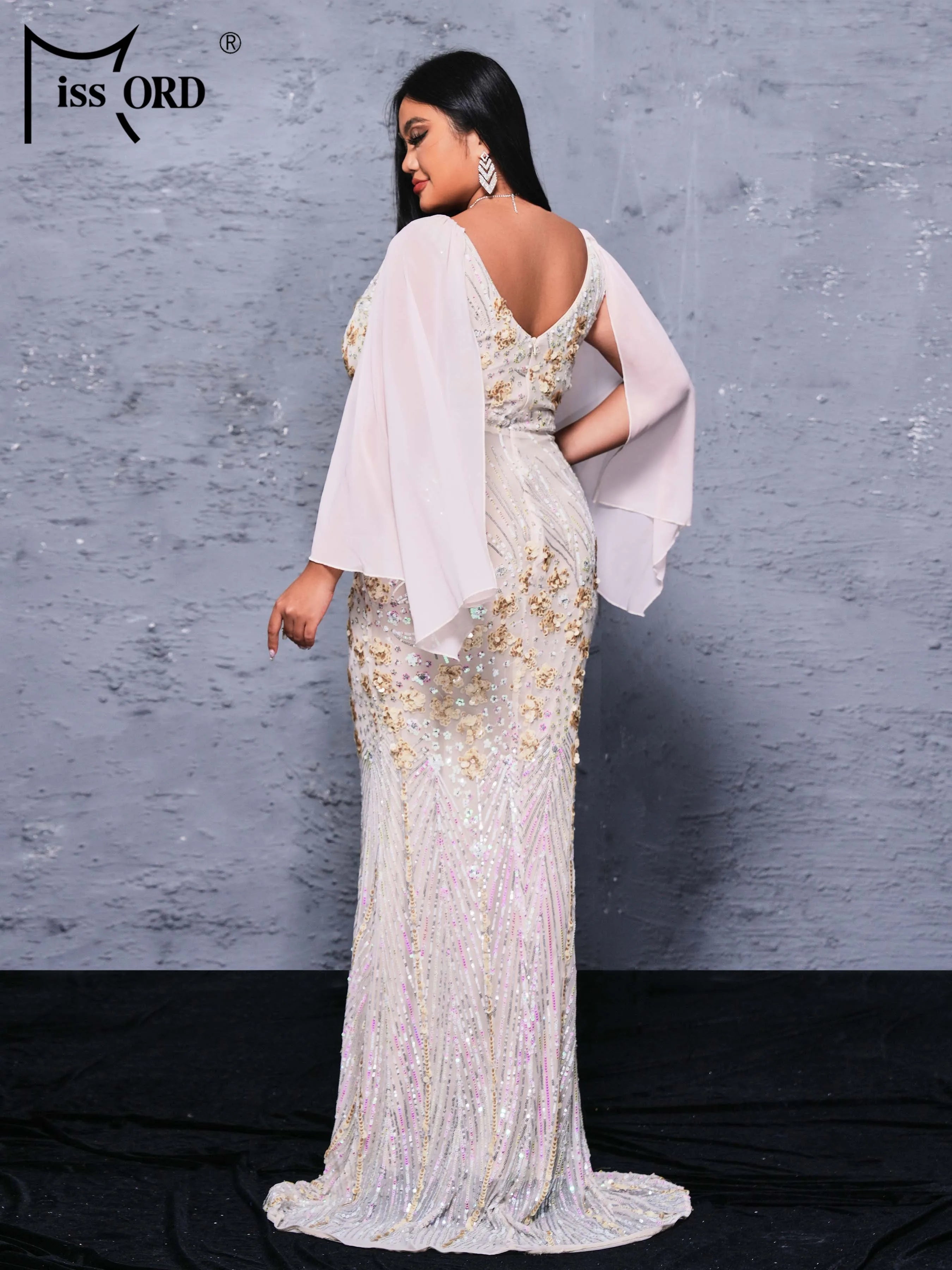 FZ Women's Plus Size V Neck Sequin Mermaid Floor Length Evening Dress