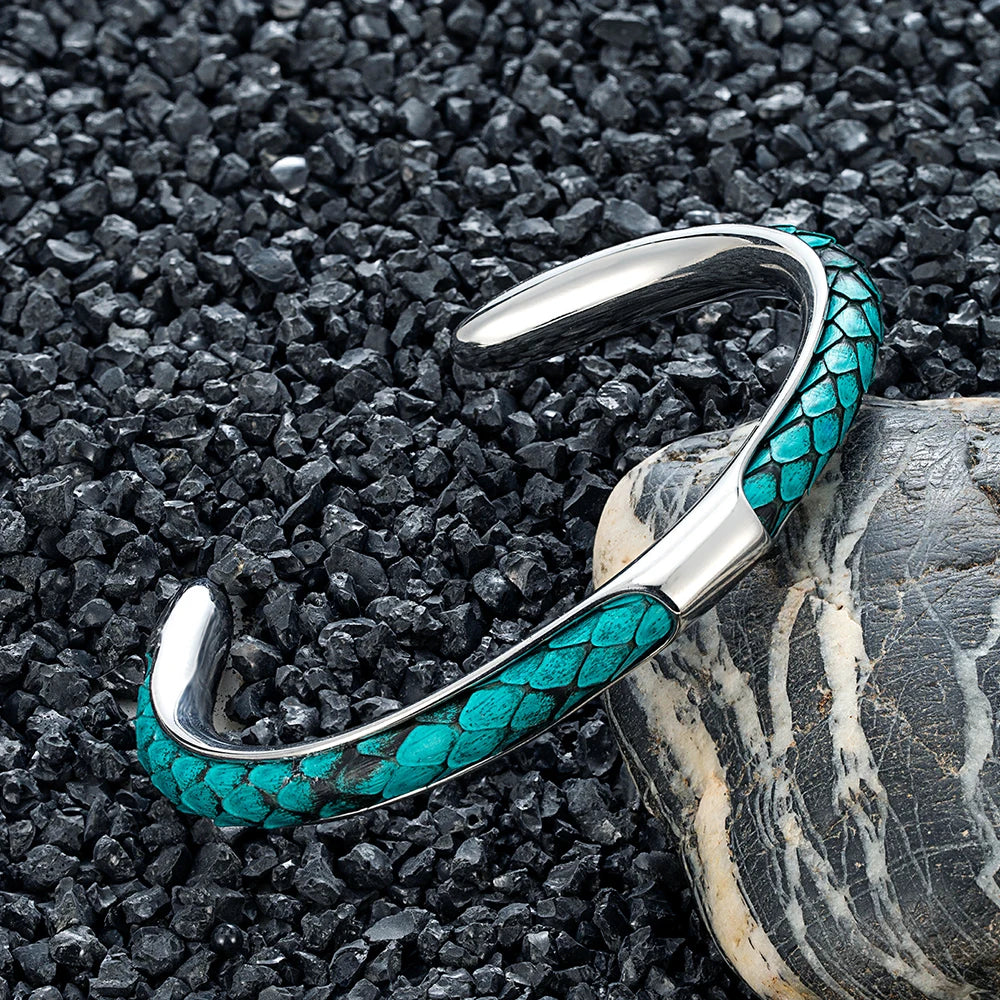 FZ Stainless Steel Blue Python Skin Cuff Bracelet