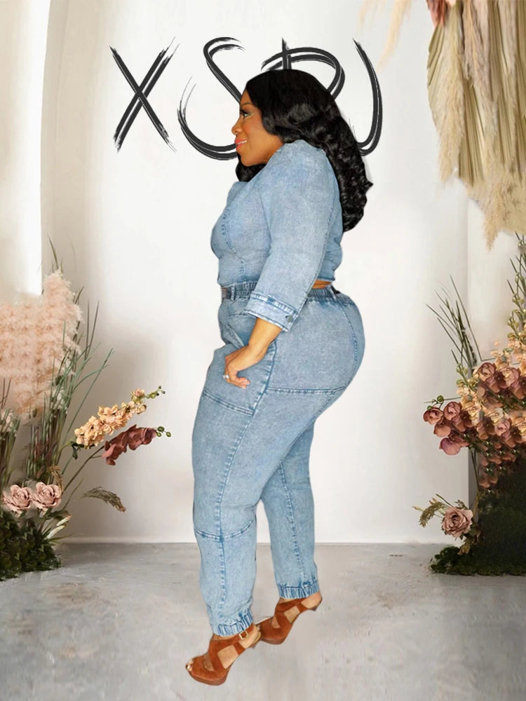 FZ Women's Plus Size Sexy One Shoulder Two Piece Denim Pants Suit