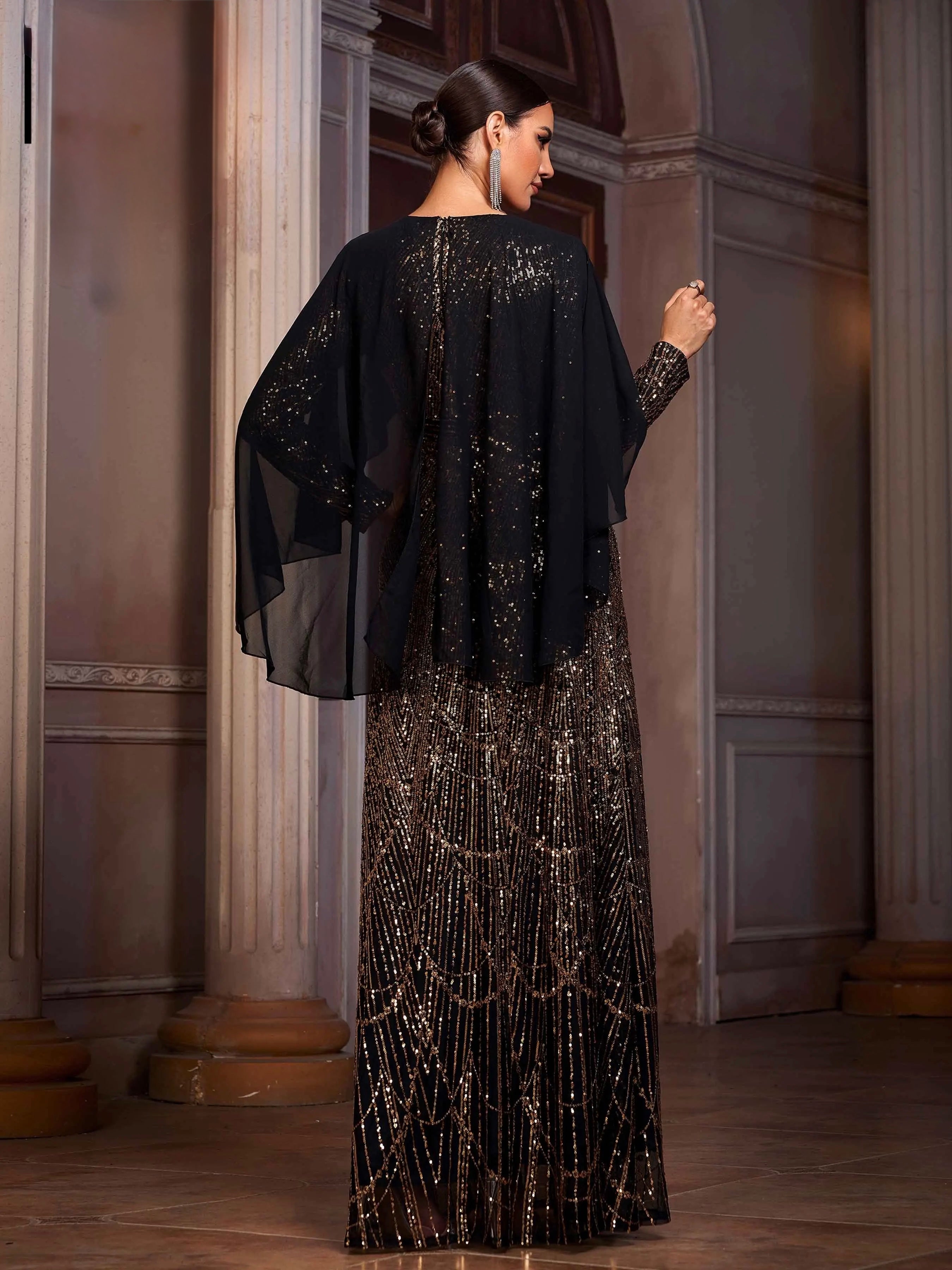 FZ Women's Round Neck A Line Sequin Batwing Sleeves Maxi Evening Dress