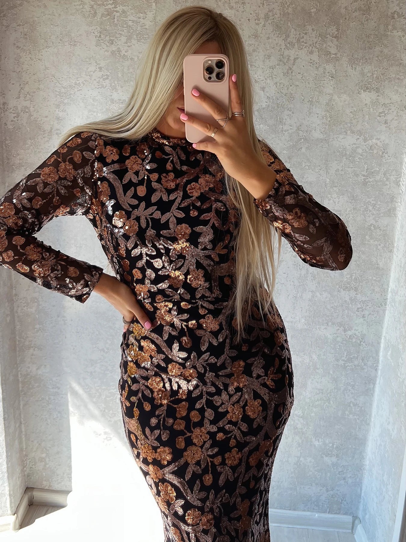 FZ Women's Stretch Floral Sequined Long Sleeve High Neck Evening Dress