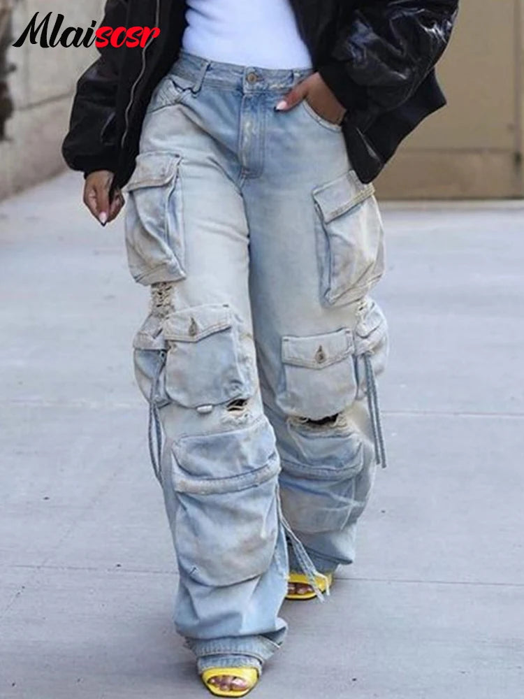 FZ Women's Multi Pockets Wide Legs Washed Street Vintage Denim Pants