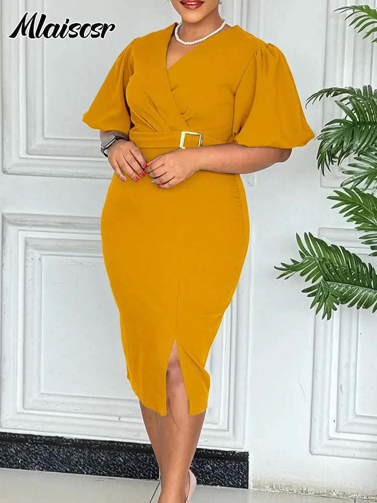 FZ Women's V Neck Short Sleeve Belt Waisted Mid Church Dress