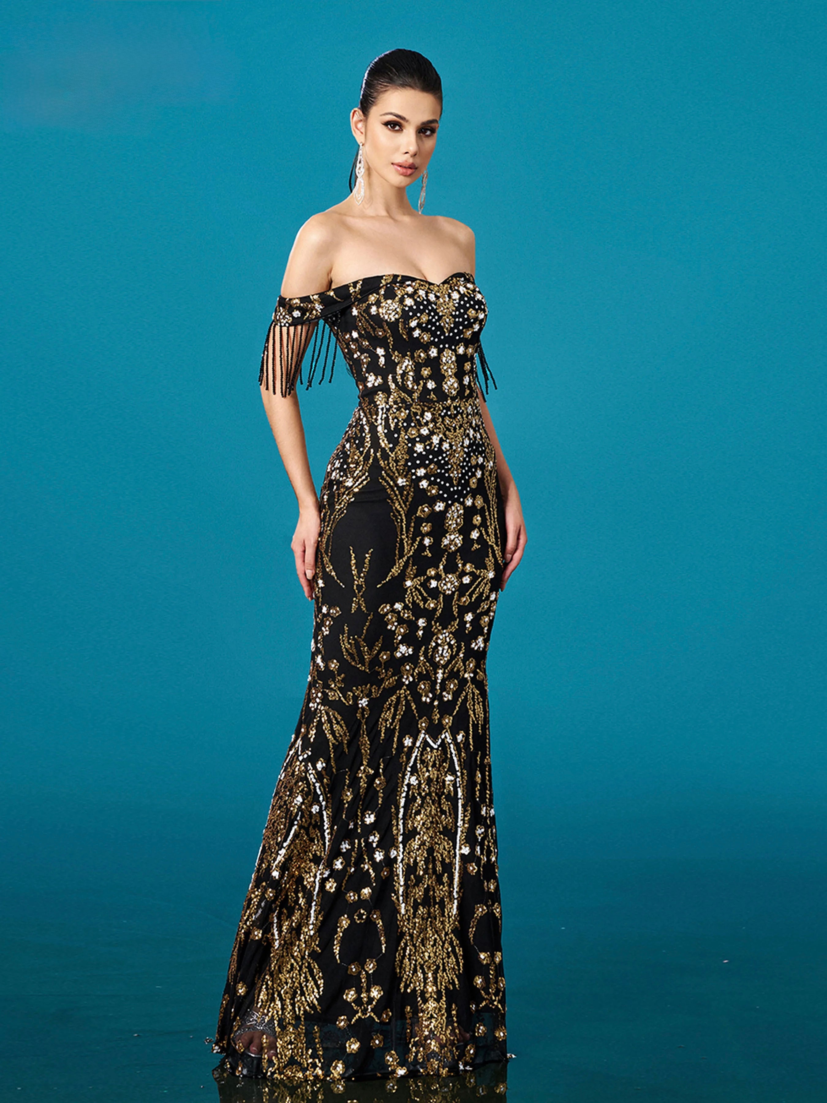 FZ Women's Off Shoulder Sequin Mermaid Floor Length Evening Dress