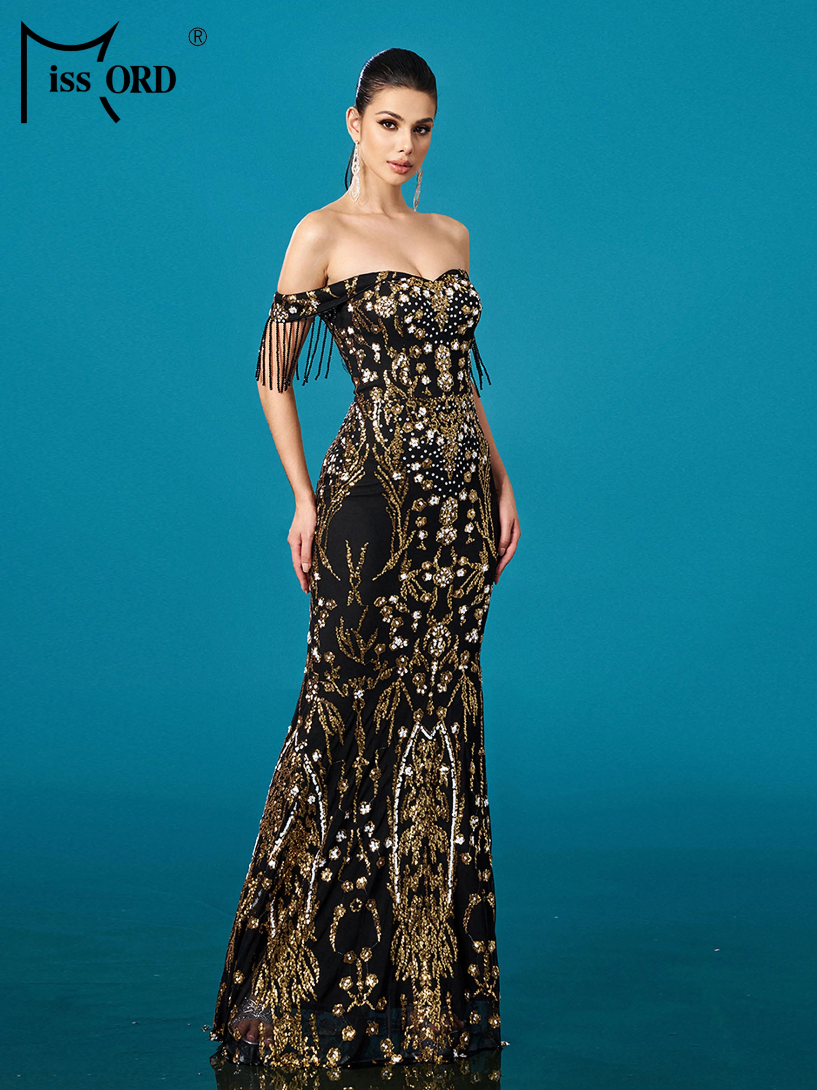FZ Women's Off Shoulder Sequin Mermaid Floor Length Evening Dress