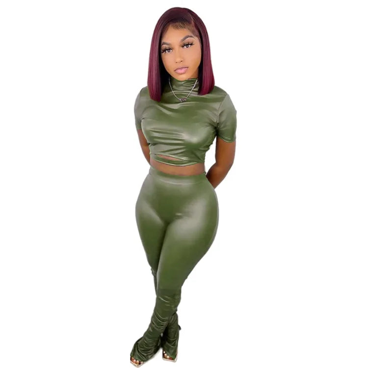 FZ Women's Solid Bandage Sexy Slim PU Leather Two Piece Pants Suit - FZwear