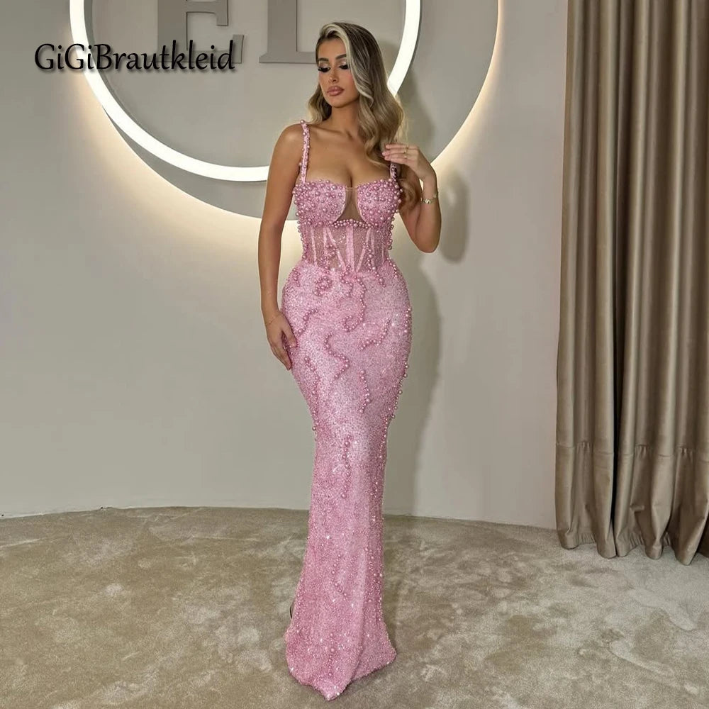 FZ Women's Mermaid Beadings Sequin Spaghetti Straps Evening Dress