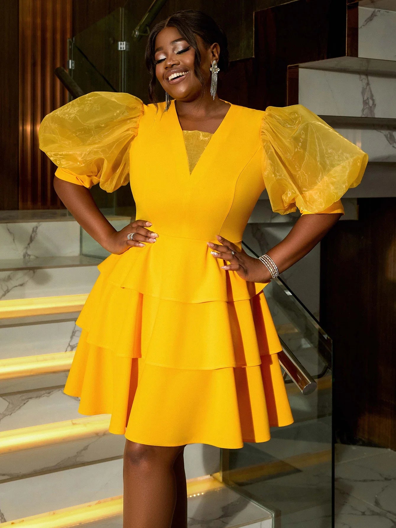 FZ Women's V Neck Puff Sleeve A Line Party Dress