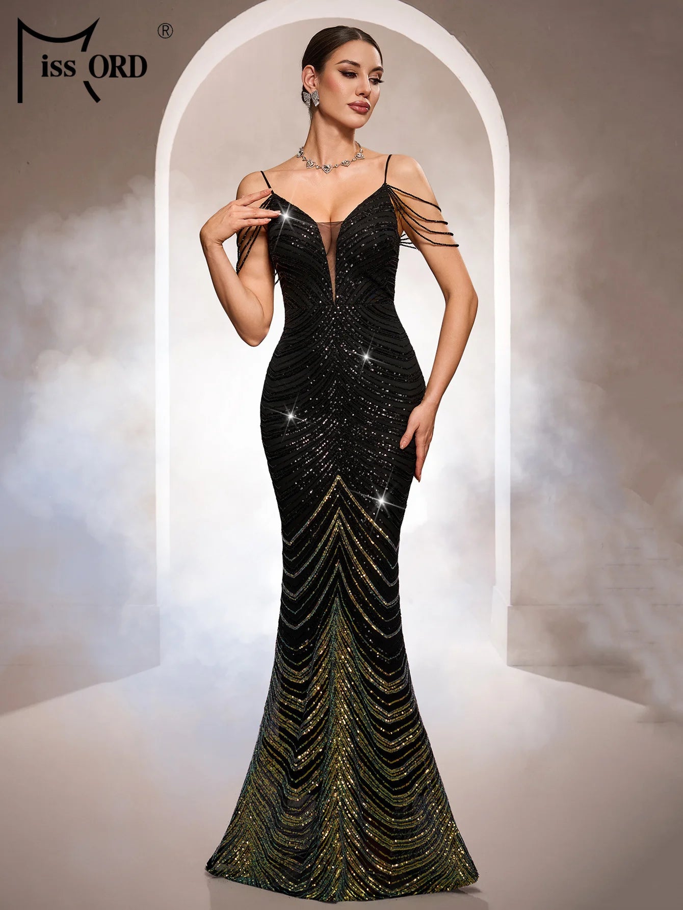 FZ Women's Spaghetti Sequin Mermaid Cocktail Evening Dress