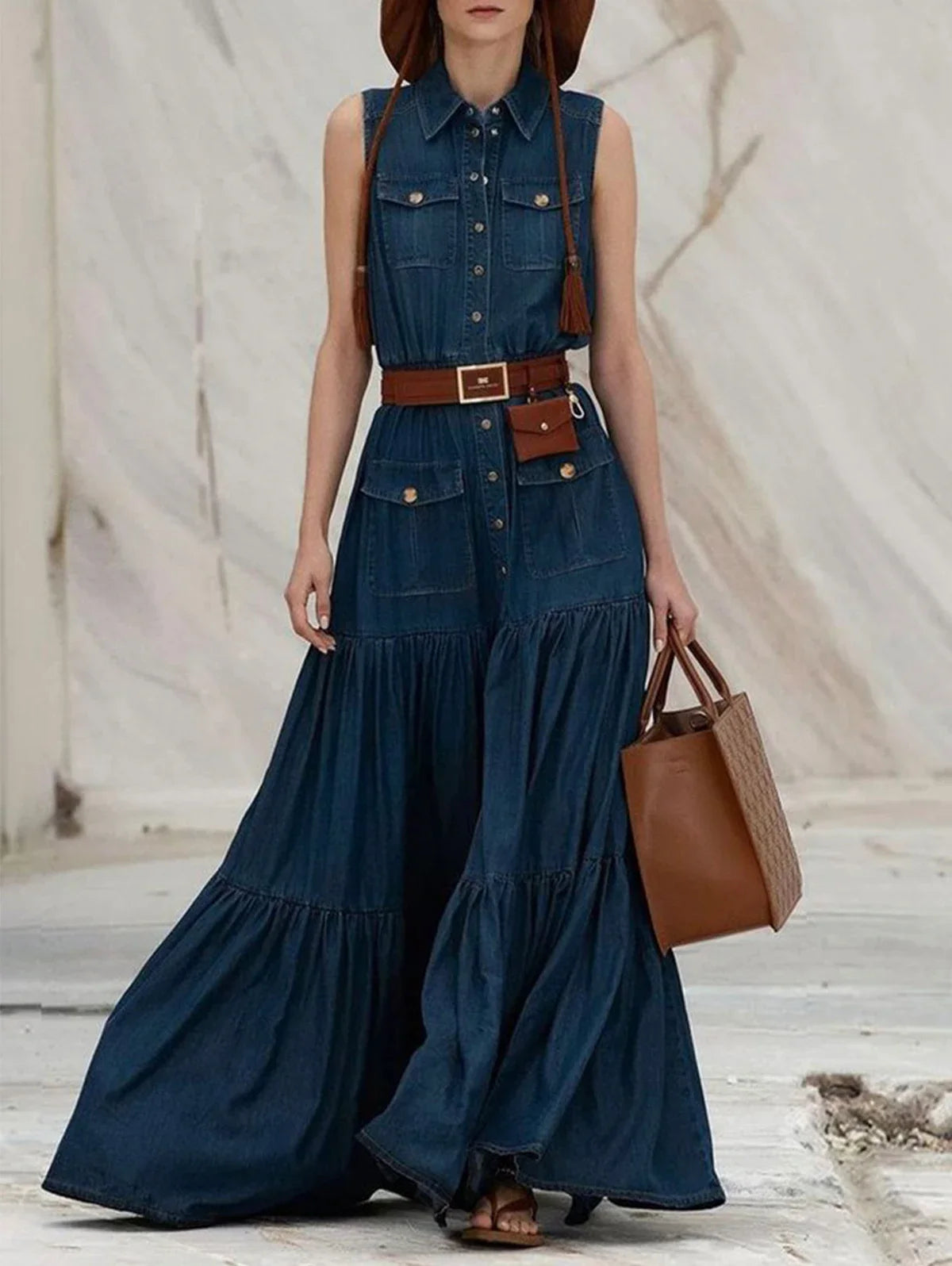 FZ Women's Vintage Pleated A-Line Retro High Street Tank Denim Dress