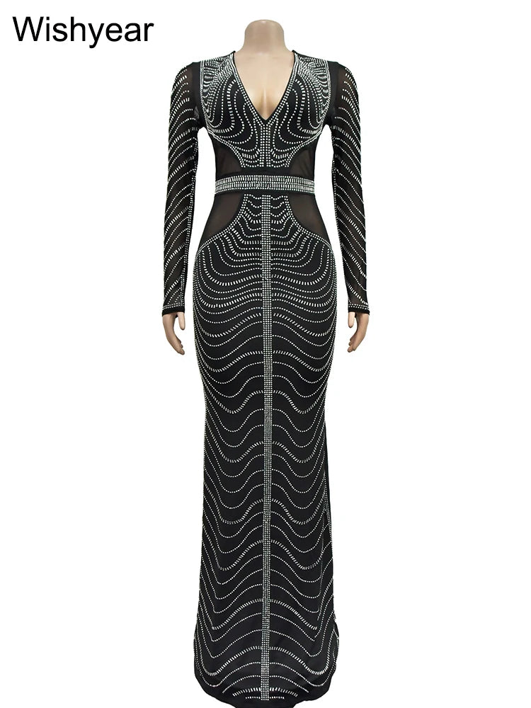 FZ Women's Luxury Diamonds Rhinestones Deep V-neck Evening Maxi Dress - FZwear