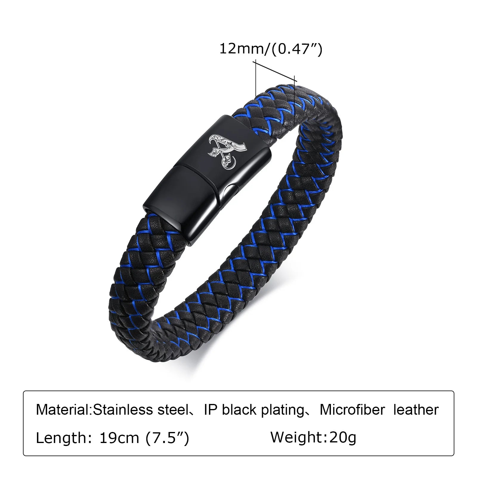 FZ Blue Black Braided Leather A-Z Initial Bracelet - FZwear