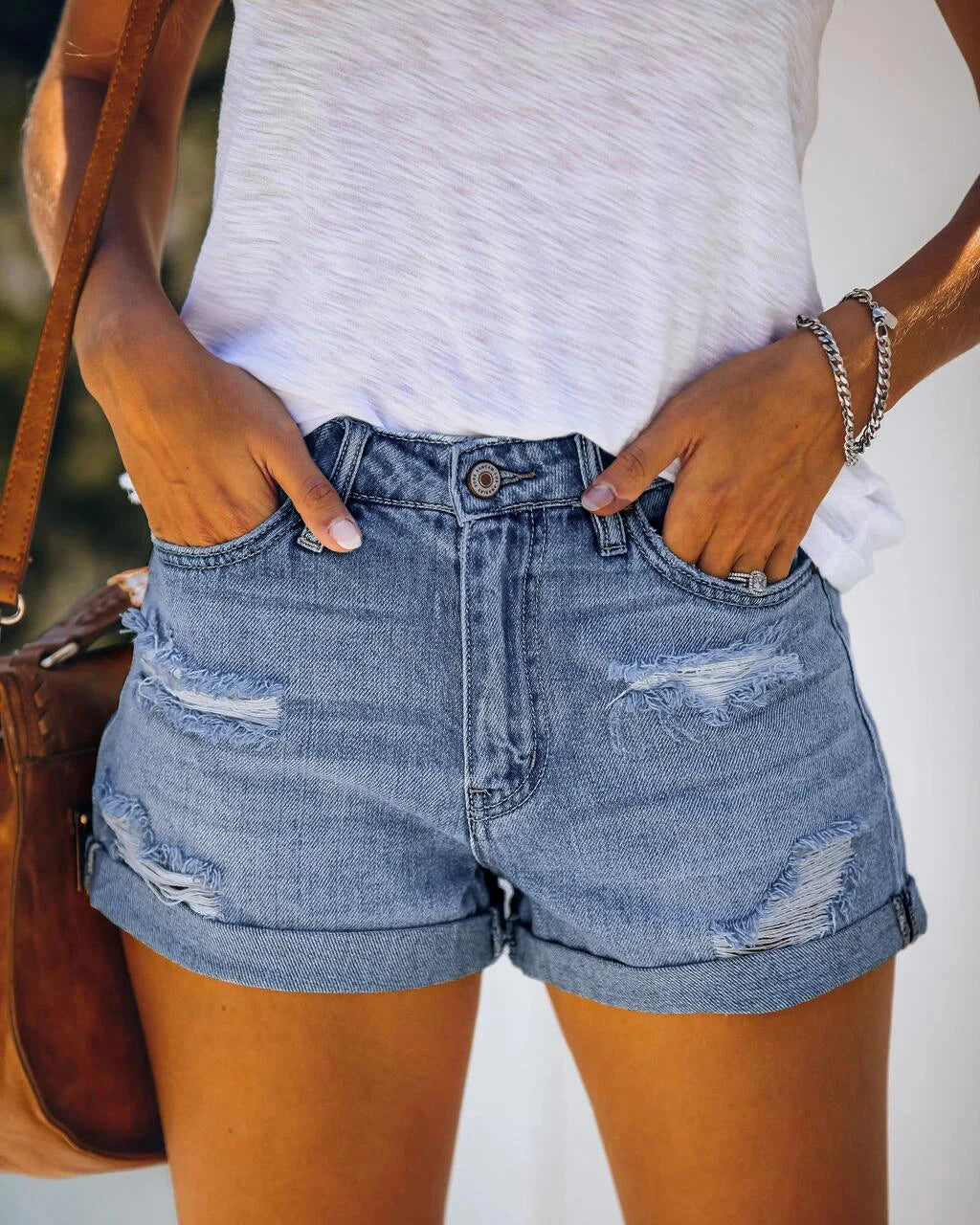 FZ Women's Slim Hole Sexy Wash Streetwear Ripped High Waist Denim Shorts - FZwear