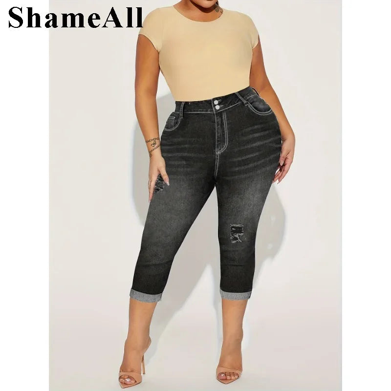 Women's Plus Size Casual Jeans, Washed Button Fly Ripped Roll Up Hem High Rise Skinny Capri Jeans FZwear
