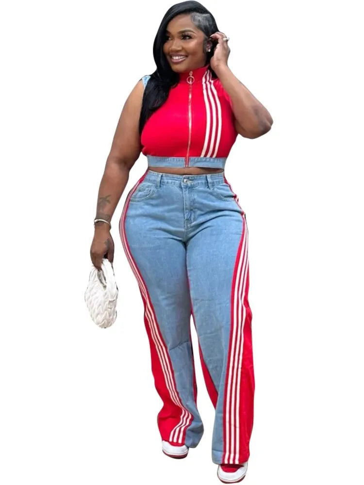 FZ Women's Sleeveless Wide Leg Two Piece Denim Pants Suit