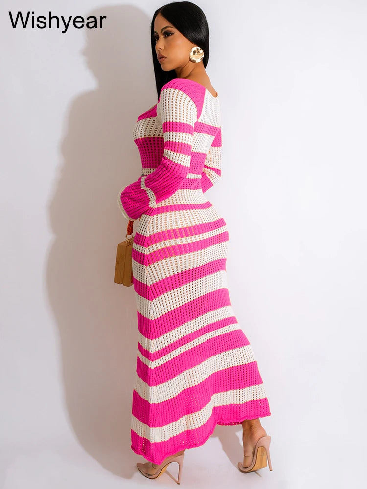 FZ Women's Sexy Elegant Striped Knitted Maxi Sun Dress - FZwear