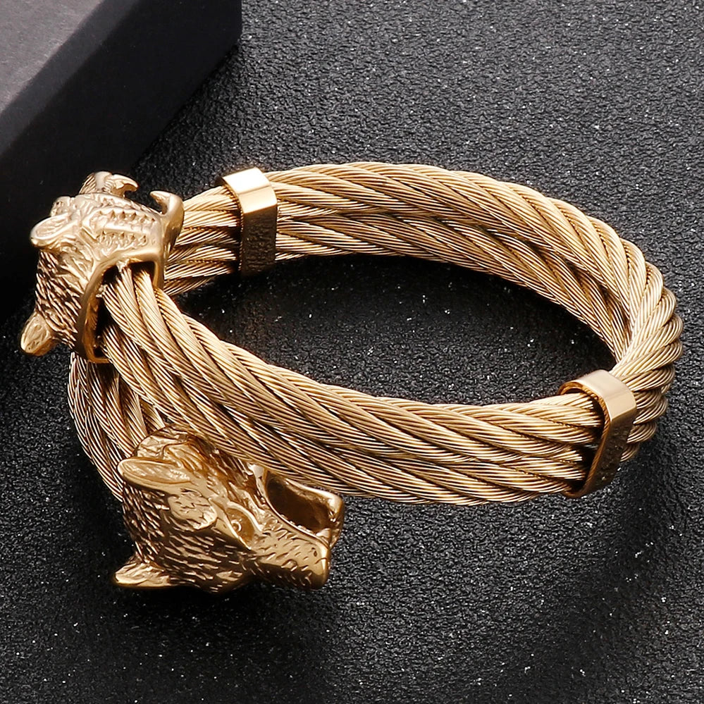 FZ Retro Elastic Wolf Head Open Cuff Twist Chain Stainless Steel Bracelet - FZwear