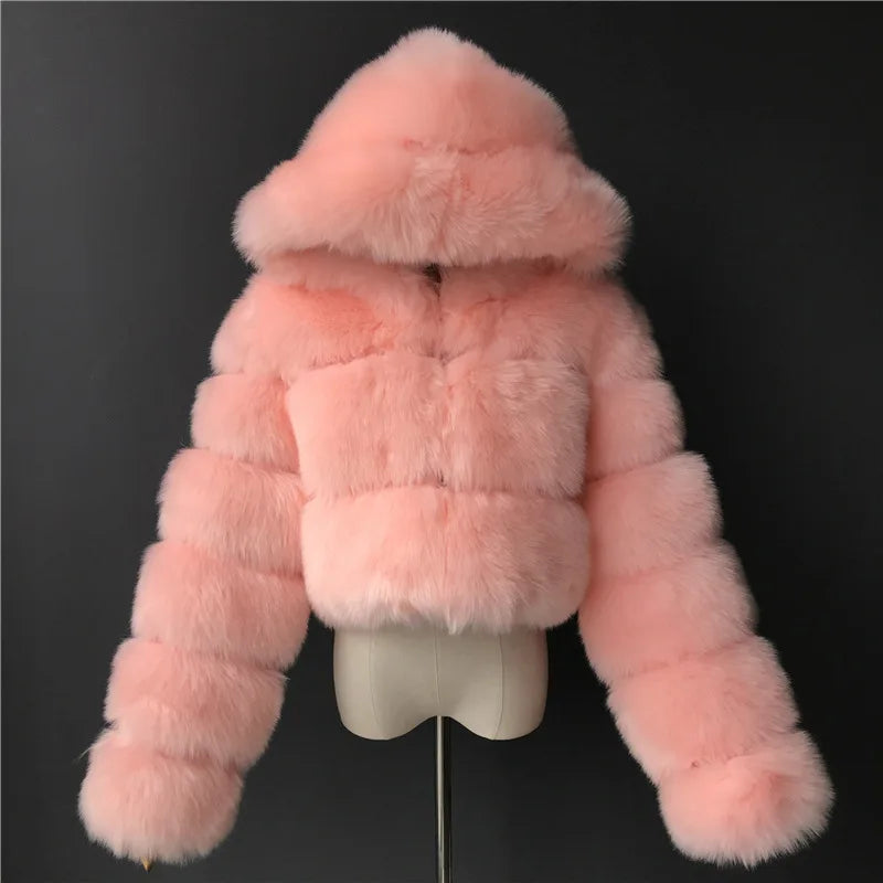 FZ Women's Faux Fur Thick Warm Hooded Open Stitch Short Coat Jacket