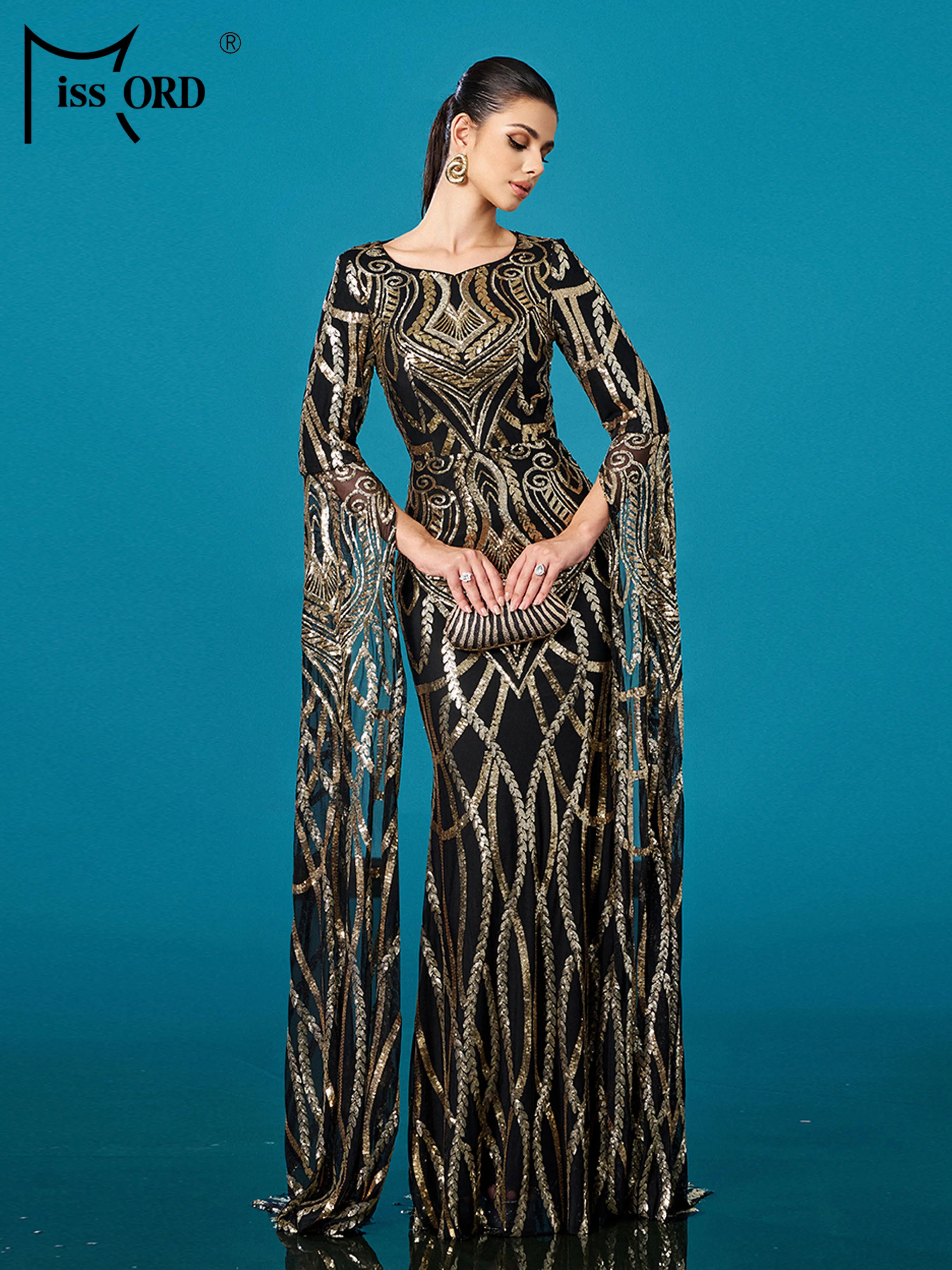 FZ Women's Round Neck Long Sleeved Sequin Mermaid Maxi Evening Dress