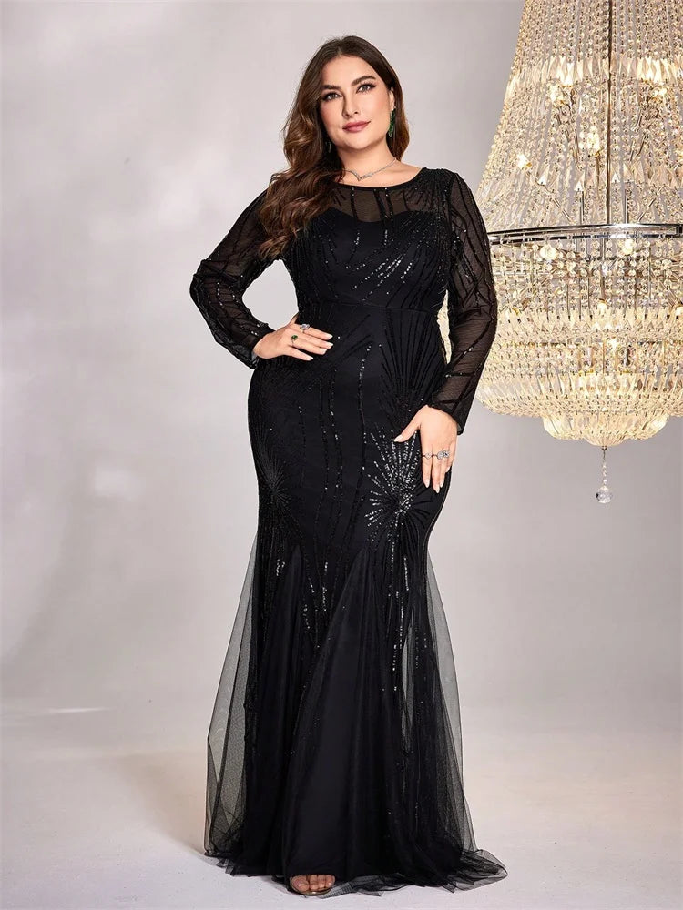FZ Women's Plus Size Long Sleeves Sequins Mermaid Maxi Evening Dress