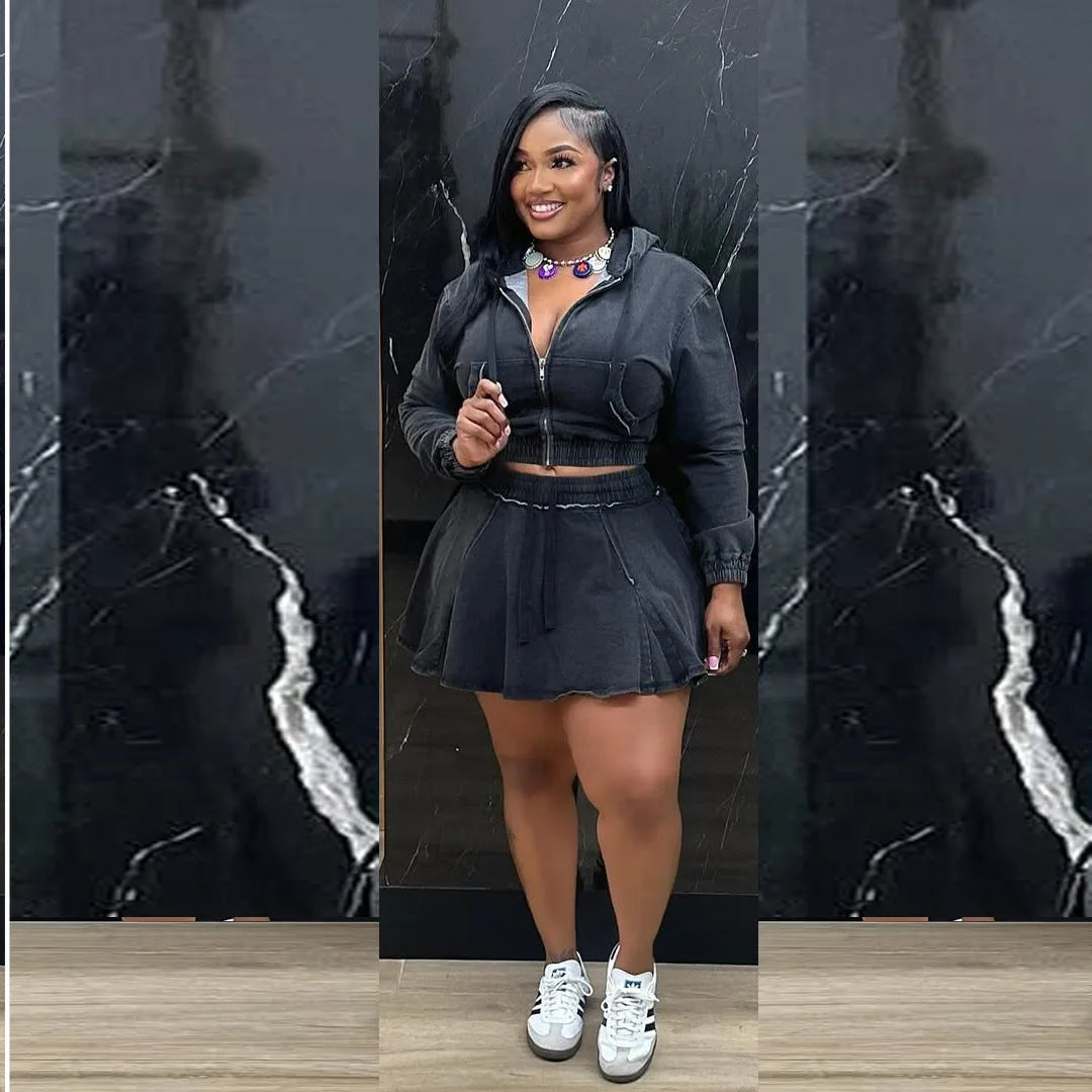 FZ Women's Long Sleeve Hooded Pleated Two Piece Denim Skirt Suit