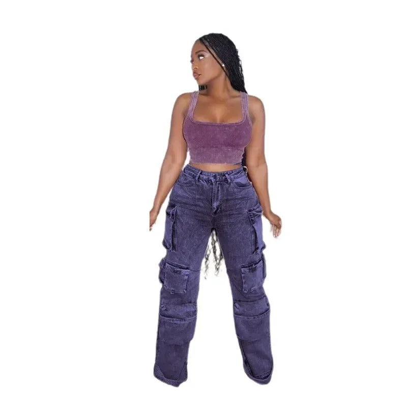 FZ Women's Fashion Elastic High Waist Button Fly Denim Cargo Pants - FZwear