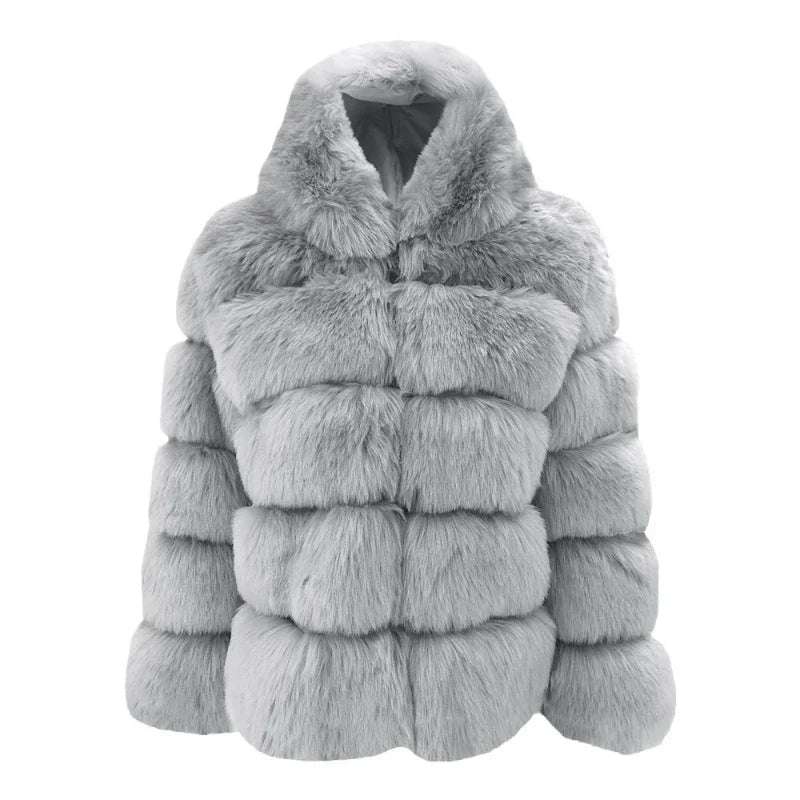 FZ Women's Faux Fur Hooded Zipper Full Sleeve Thick Warm Open Stitch Coat Jacket