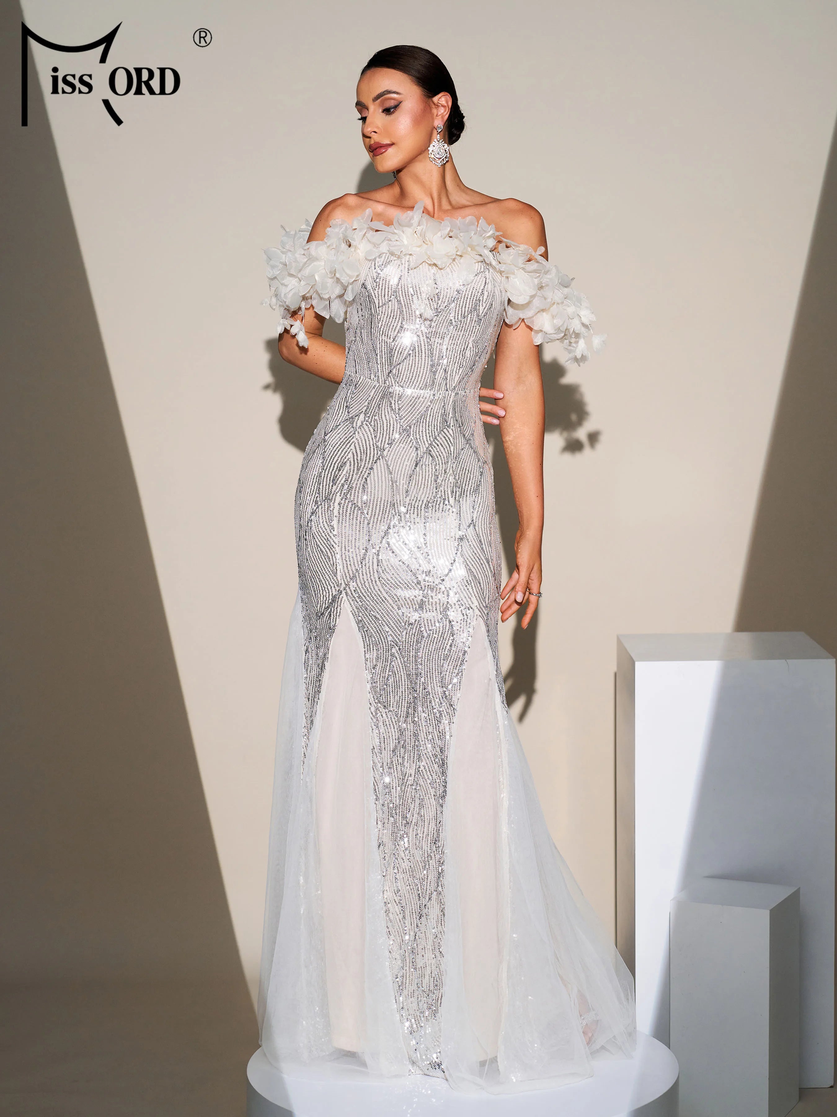 FZ Women's Off Shoulder Sequin Mermaid Evening Dress